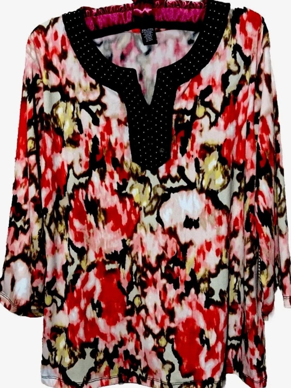 Valerie Stevens Top XL Pretty Floral Stretch Knit Beaded Tunic Shirt Blouse PXL